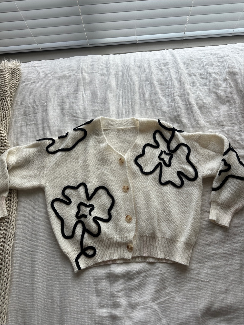 Cream Floral Applique V-Neck Button Cardigan Sweater Oversized
